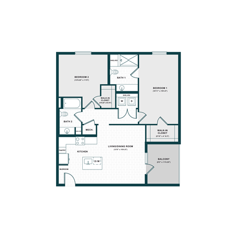 Floor plan for 2 beds, 2 baths, 1181 sqft